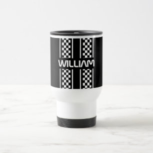 Custom White And Black Auto Race Stripe Travel Mug