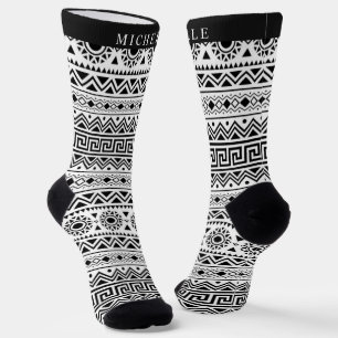 Custom White and Black Aztec Pattern Socks