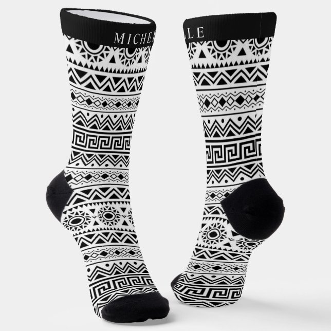 Custom White and Black Aztec Pattern Socks (Angled)