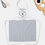 Custom, White and Blue Stripes, Farmhouse Kitchen Apron<br><div class="desc">Make this beautiful white and blue stripe pattern apron your own,  with ability to customise all four text areas with your own message! Design with beautiful area for your text,  enhanced with spatula,  mixing bowls,  fork and whisk details. Unique great gift idea!</div>