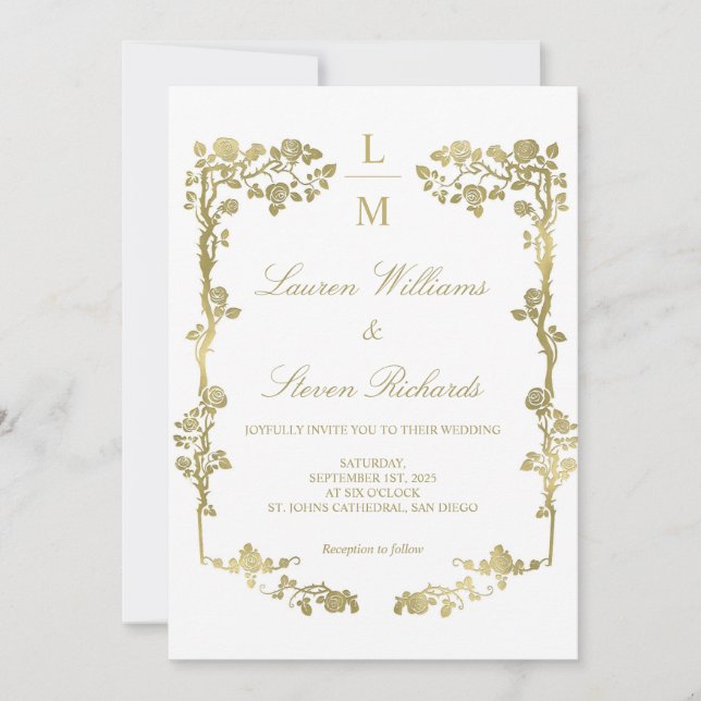 Custom White And Gold Floral Frame Royal Wedding Invitation (Front)