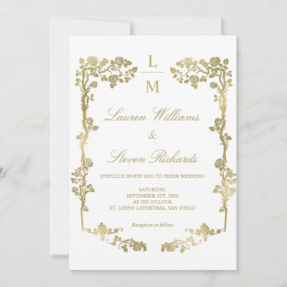 Custom White And Gold Floral Frame Royal Wedding Invitation