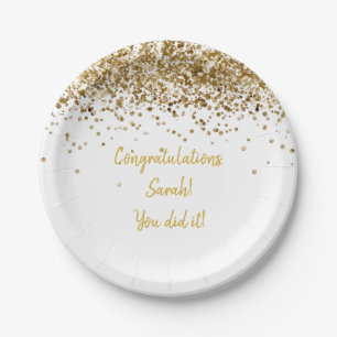 Custom White and Gold Graduation Party Glitter Paper Plate
