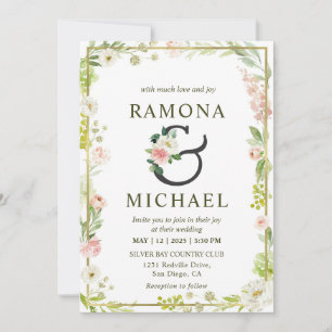 Custom White And Green Pink Frame Floral Wedding Invitation
