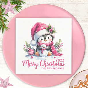 Custom White and Pink Cute Penguin Merry Christmas Napkin