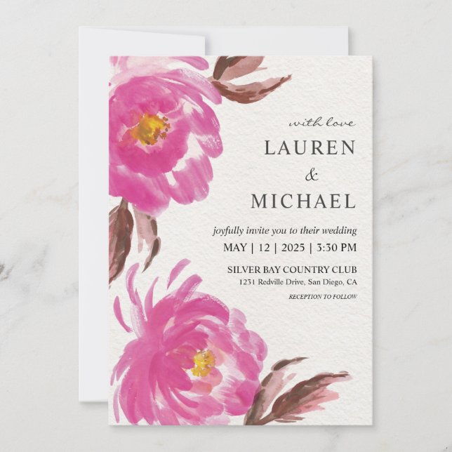 Custom White Bank Painted Peonies Wedding Invitation (Front)