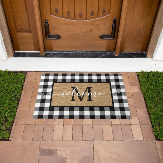 Custom White Black Buffalo Check Tartan Pattern Doormat (Outdoor)