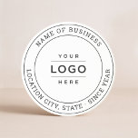 Custom White Black Business Logo Company Name Coaster<br><div class="desc">A professional custom branded coaster for your business features your logo design framed by the name of the company with location and year established. Other wording such as a slogan or website could also be included. There is an option to adjust the curve of the round text and the black...</div>