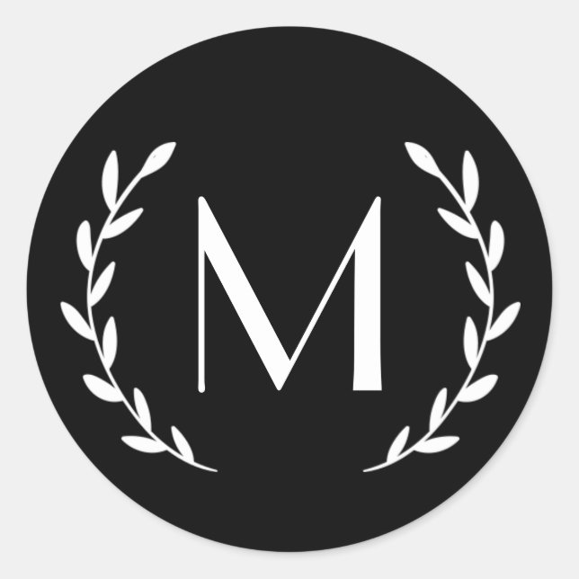 Custom White Black Laurel Monogram Letter Initial Classic Round Sticker (Front)