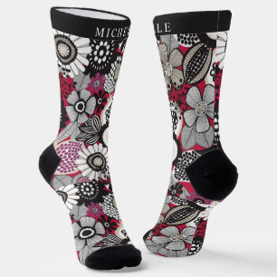 Custom White Black Red Floral Flowers Socks