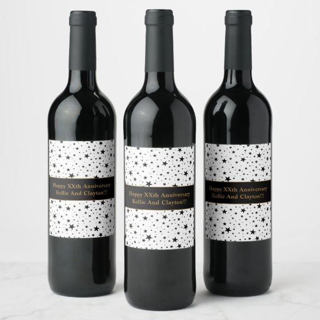 Custom White/Black Stars Wedding Anniversary Wine Label (Bottles)