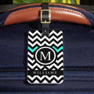 Custom White Black Turquoise Blue Chevron Pattern Luggage Tag