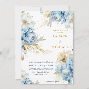 Custom White Blue and Gold blooms Flower Wedding Invitation
