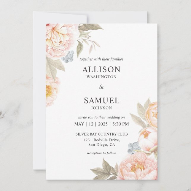 Custom White Blue Berry  Peach Flowers Wedding Invitation (Front)