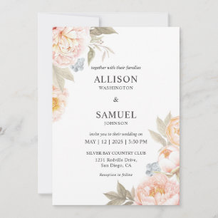 Custom White Blue Berry Peach Flowers Wedding Invitation