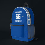 Custom white blue Name, Number, Team Sport Printed Backpack<br><div class="desc">Create your own custom white blue Sport Football Style Printed Backpack with Name, Number, Team Name, Slogan and Year. Personalise this simple classic Printed Backpack template with your custom message, name, team name and year. Easily personalise it for a cool sport keepsake. Create your unique personalised gift for coach, boy's...</div>