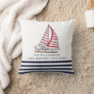 Custom White Blue Red Boat Nautical Lake House Cushion