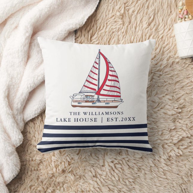 Custom White Blue Red Boat Nautical Lake House Cushion (Blanket)
