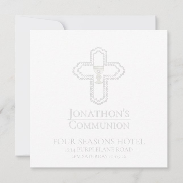 Custom White Boys Cross Communion Collection Invitation (Front)