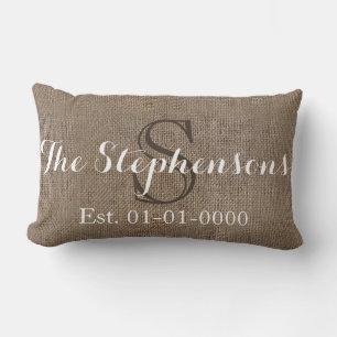 Custom White/ Burlap-Look Rustic Wedding/Family Lumbar Cushion