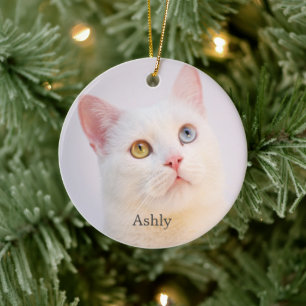 Custom White Cat Photo Personalised Ceramic Tree Decoration