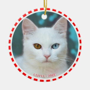 Custom White Cat Photo with Red & White Frame Ceramic Tree Decoration