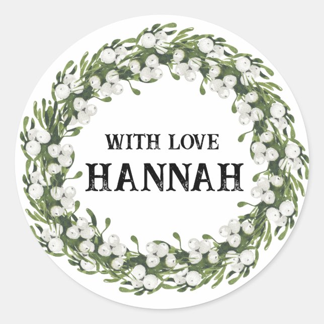 Custom White Christmas Wreath Sticker Tags (Front)