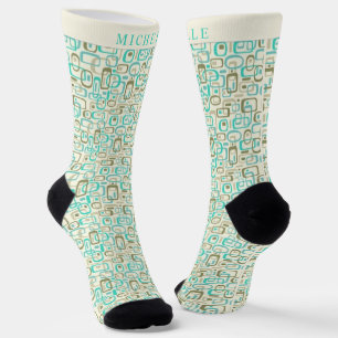Custom White Cream Blue Green Geometric Pattern Socks