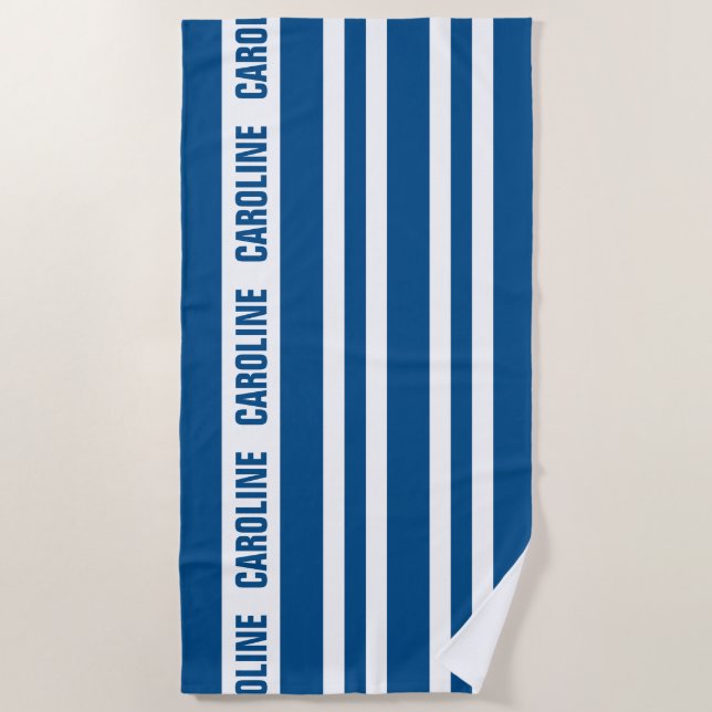 Custom White Dark Nautical Blue Stripes Pattern Beach Towel (Front)
