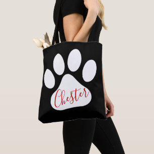 Custom White Dog Paw Motif On Black Background Tote Bag