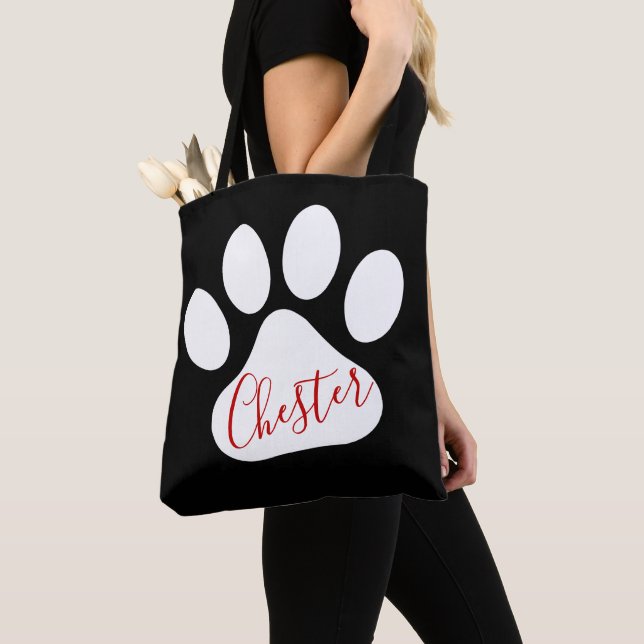 Custom White Dog Paw Motif On Black Background Tote Bag (Close Up)