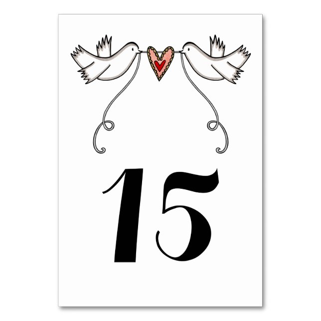 Custom White Doves Love Heart Wedding Table Number (Front)