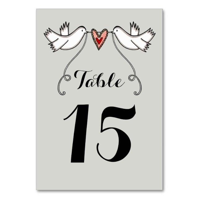 Custom White Doves Love Heart Wedding Table Number (Front)