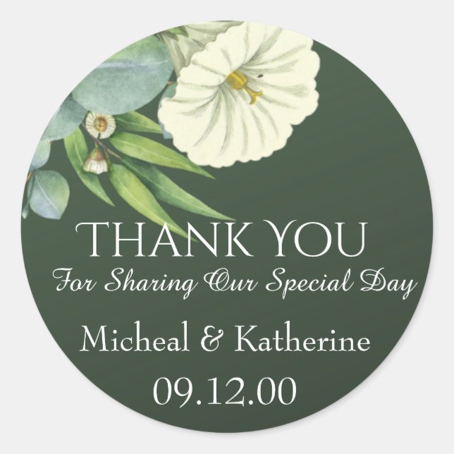 Custom White Floral And Emerald Green Thank You  Classic Round Sticker (Front)
