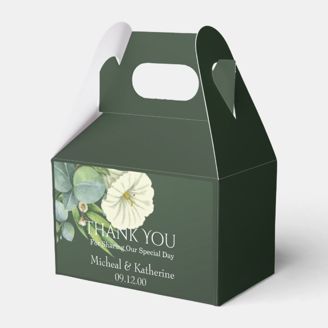 Custom White Floral And Emerald Green Thank You Favour Box (Front Side)