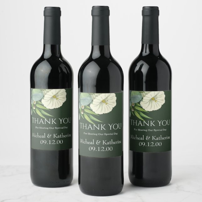 Custom White Floral And Emerald Green Thank You Wine Label (Bottles)