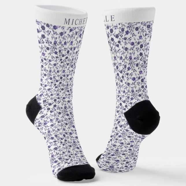 Custom White Floral Light Dark Purple Violet Socks (Angled)