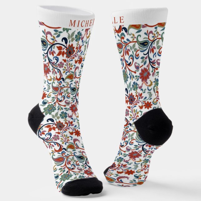 Custom White Floral Red Green Paisley Flowers Socks (Angled)