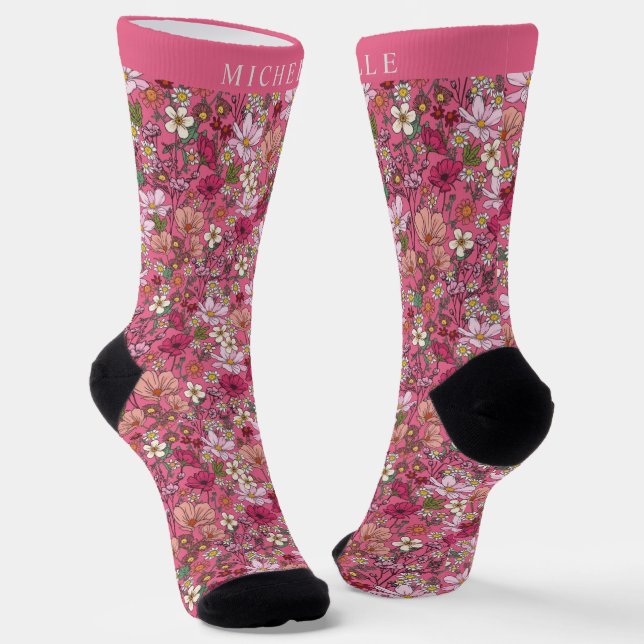 Custom White Flowers Pink Floral Pattern Socks (Angled)
