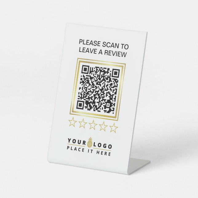 Custom White Gold QR Code Business Logo Review Pedestal Sign (Front)