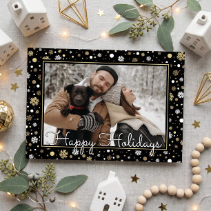 Custom White Gold Snowflakes On Black Holiday Card