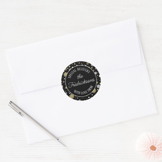 Custom White Gold Snowflakes Polkadots On Black Classic Round Sticker (Envelope)