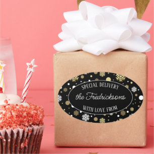 Custom White Gold Snowflakes Polkadots On Black Oval Sticker