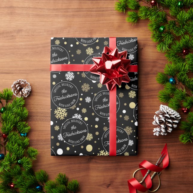 Custom White Gold Snowflakes Polkadots On Black Wrapping Paper (Holiday Gift)