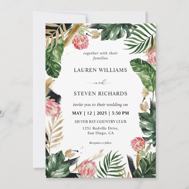 Custom White Green Painterly Tropical Wedding Invitation (Front)