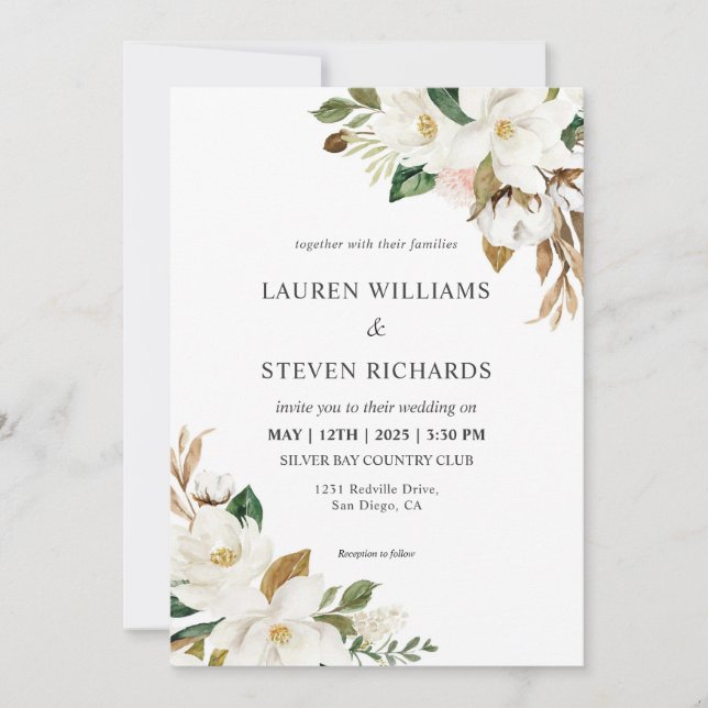 Custom White Green Simple Magnolia Wedding Invitation (Front)