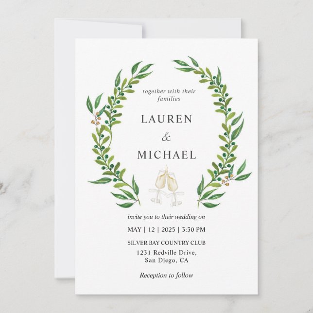 Custom White Green Watercolor Greenery Wedding Invitation (Front)
