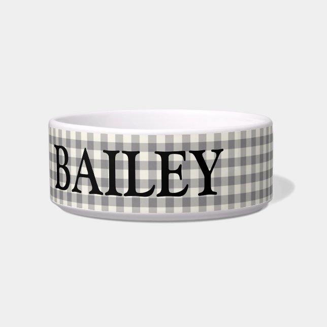 Custom White Grey Gingham Name Large Bowl (Front)