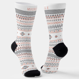Custom White Grey Orange  Aztec Pattern Socks