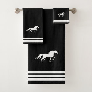 Custom White Horse & Three Stripes on Black Bath Towel Set